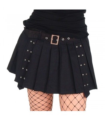 Women Gothic Rivet Pleated Black Skirt with Belt Style Skirt 